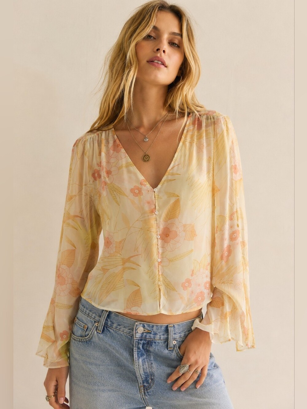 The Limited 100% Silk  Floral V-Neck Blouse in Cream and Peach